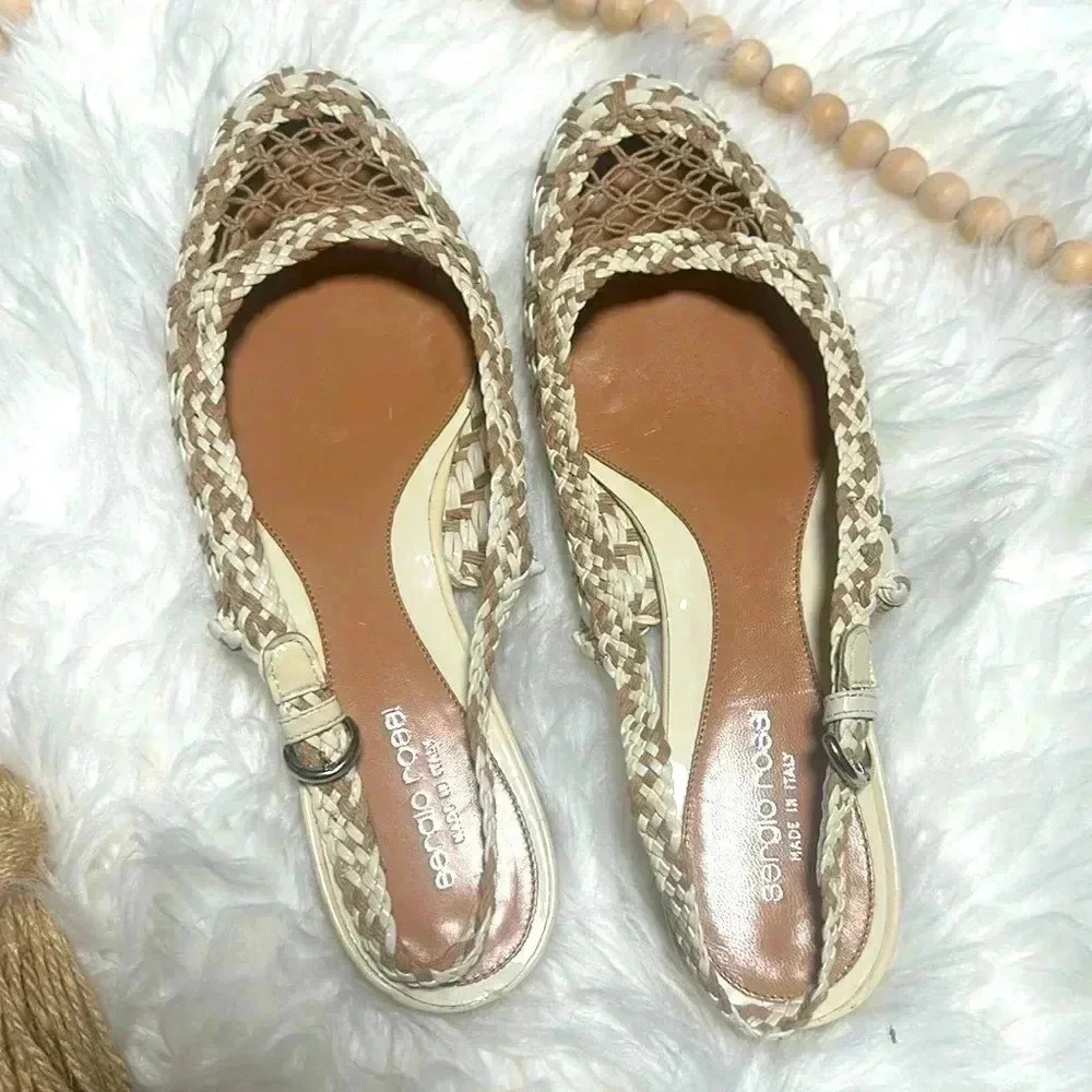 Sergio Rossi Cream/Tan Patent Woven Sling-backs made in Italy